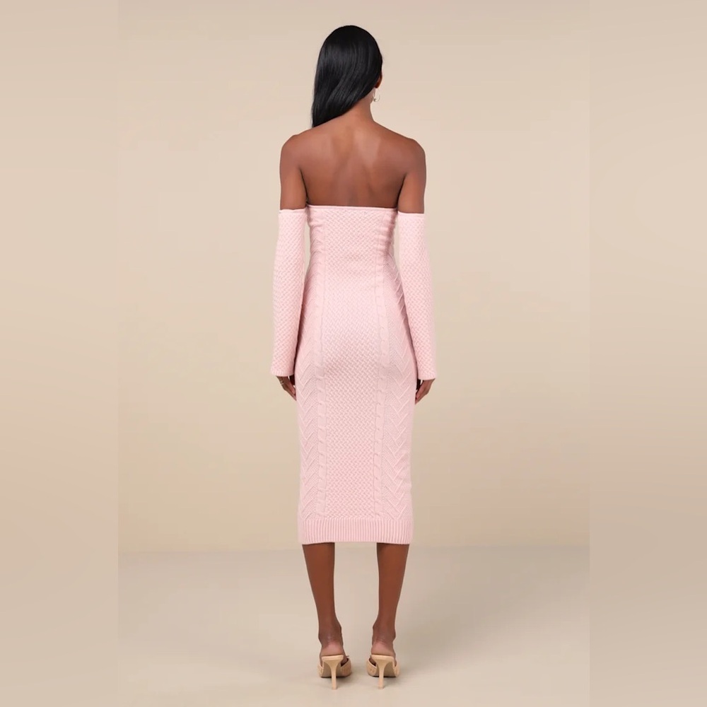 Lulus Cuddly Element Light Pink Cable Knit Off-the-shoulder Midi Dress - Size M - Picture 4 of 5